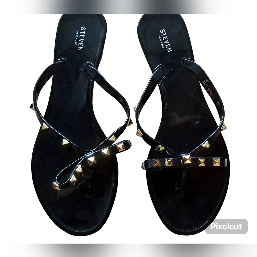 NEW Steve Madden Black Sandals with Gold Rinestone Accents Bow Tie Size 8 Medium